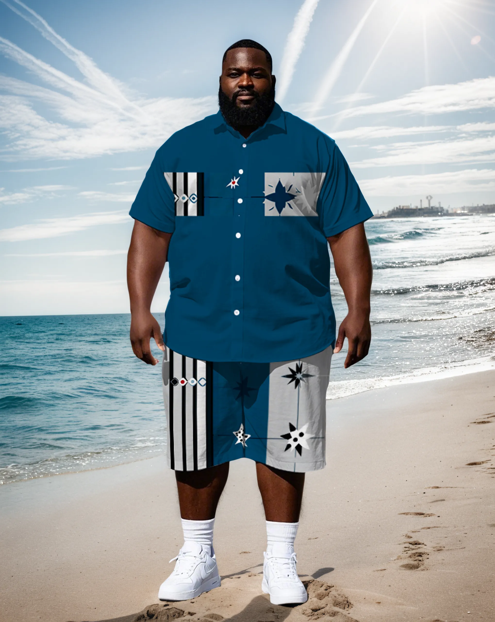 Big Men's Artistic Fashion Color Block Stripe & Starts Printed Casual Short Sleeve Shirt Shorts Set sold by Biggmans