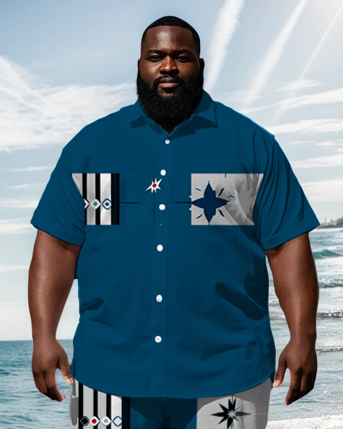 Big Men's Artistic Fashion Color Block Stripe & Starts Printed Casual Short Sleeve Shirt Shorts Set sold by Biggmans product image thumbnail 2