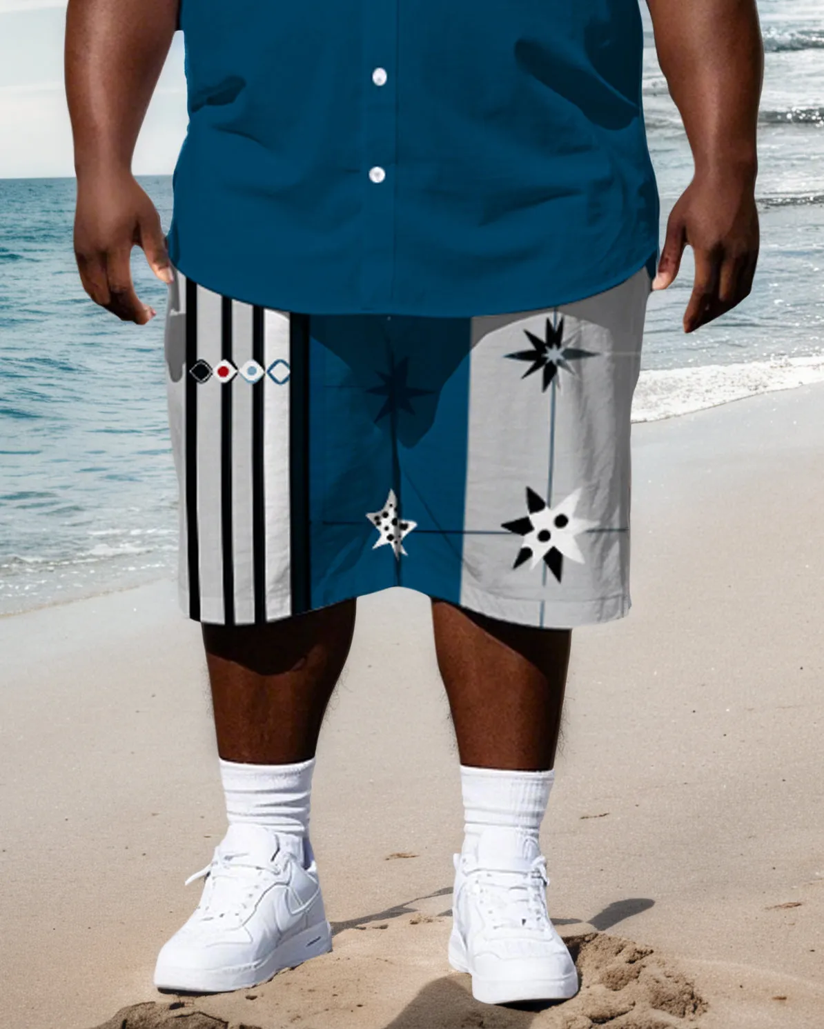 Big Men's Artistic Fashion Color Block Stripe & Starts Printed Casual Short Sleeve Shirt Shorts Set sold by Biggmans product image thumbnail 3