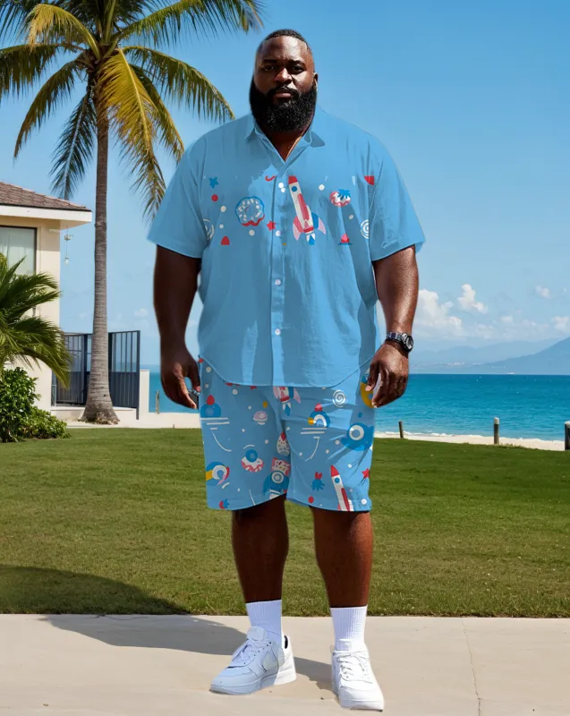 Big Men's Funny Cartoon Rocket Pattern Color Block Printed Short Sleeve Shirt Shorts Set sold by Biggmans