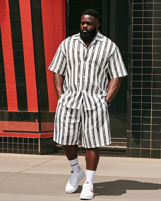 Big Man's Simple Stripe Stitching Color Block Printing Short Sleeve Shirt Shorts Suit sold by Biggmans