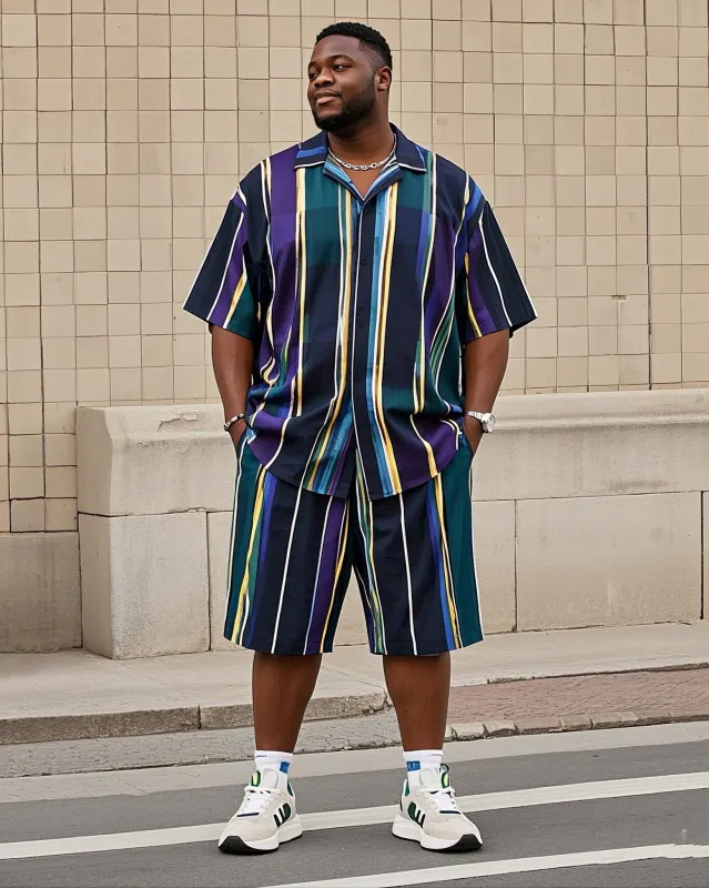 Big Men's-Hot Striped Color Block Printing Short Sleeve Shirt Shorts Suit sold by Biggmans