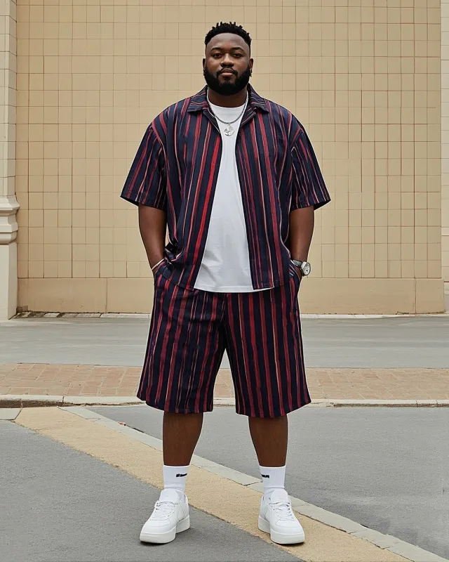 Big Men's Red And Blue Striped Color Block Printed Short Sleeve Shirt Shorts Suit sold by Biggmans