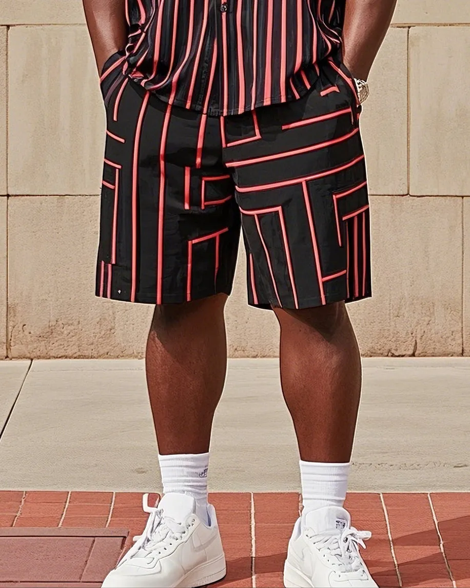 Big Men's Fashion Red Black Striped Color Block Printing Short Sleeve Shirt Shorts Suit sold by Biggmans product image thumbnail 3