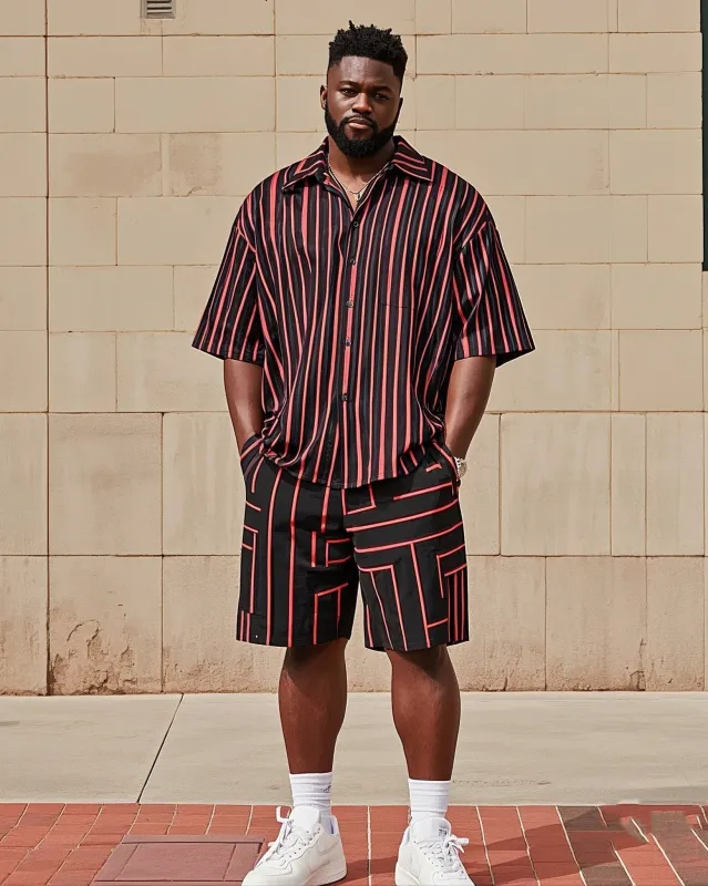 Big Men's Fashion Red Black Striped Color Block Printing Short Sleeve Shirt Shorts Suit sold by Biggmans