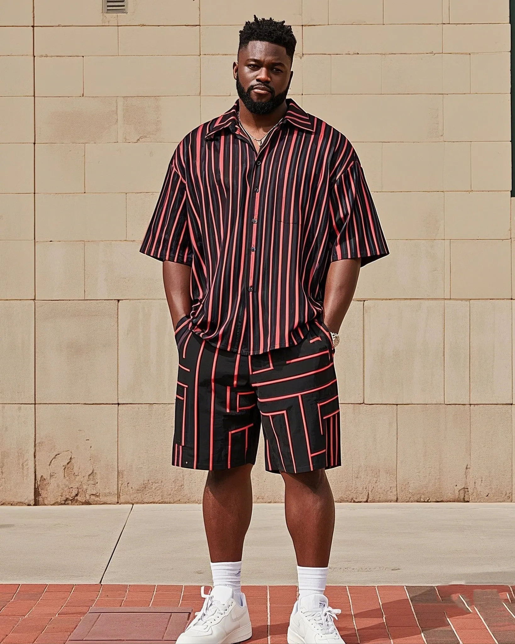Big Men's Fashion Red Black Striped Color Block Printing Short Sleeve Shirt Shorts Suit sold by Biggmans