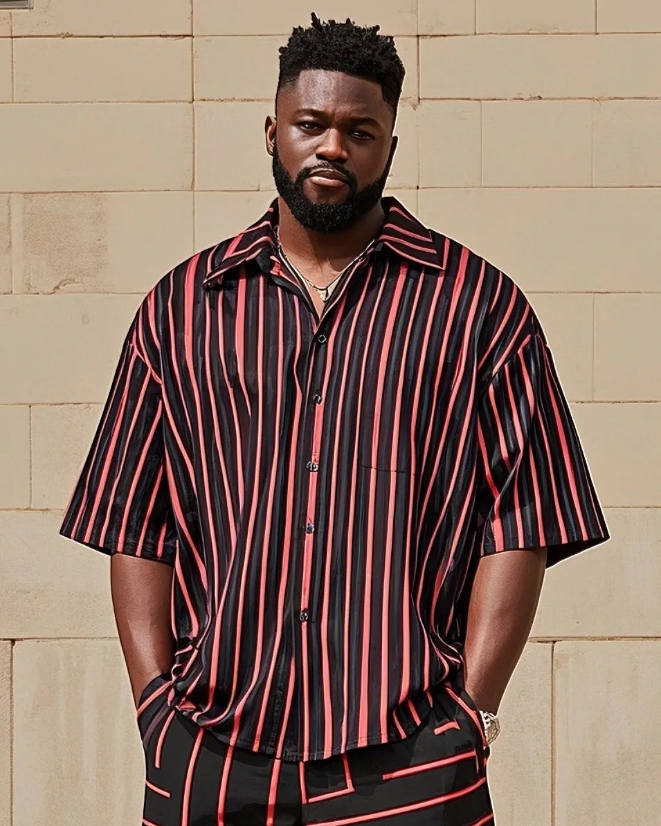 Big Men's Fashion Red Black Striped Color Block Printing Short Sleeve Shirt Shorts Suit sold by Biggmans product image thumbnail 2