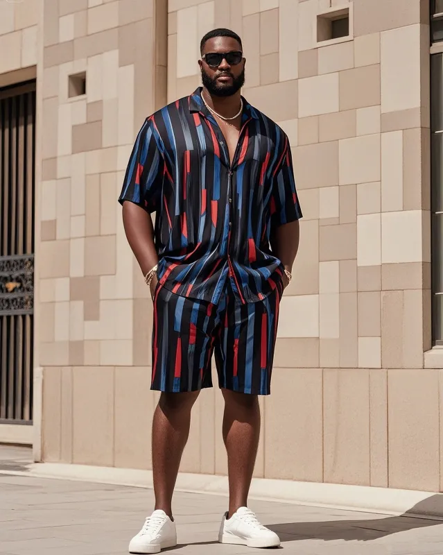 Big Men's-Hot Blue Red Black Striped Color Block Printed Short Sleeve Shirt Shorts Suit sold by Biggmans