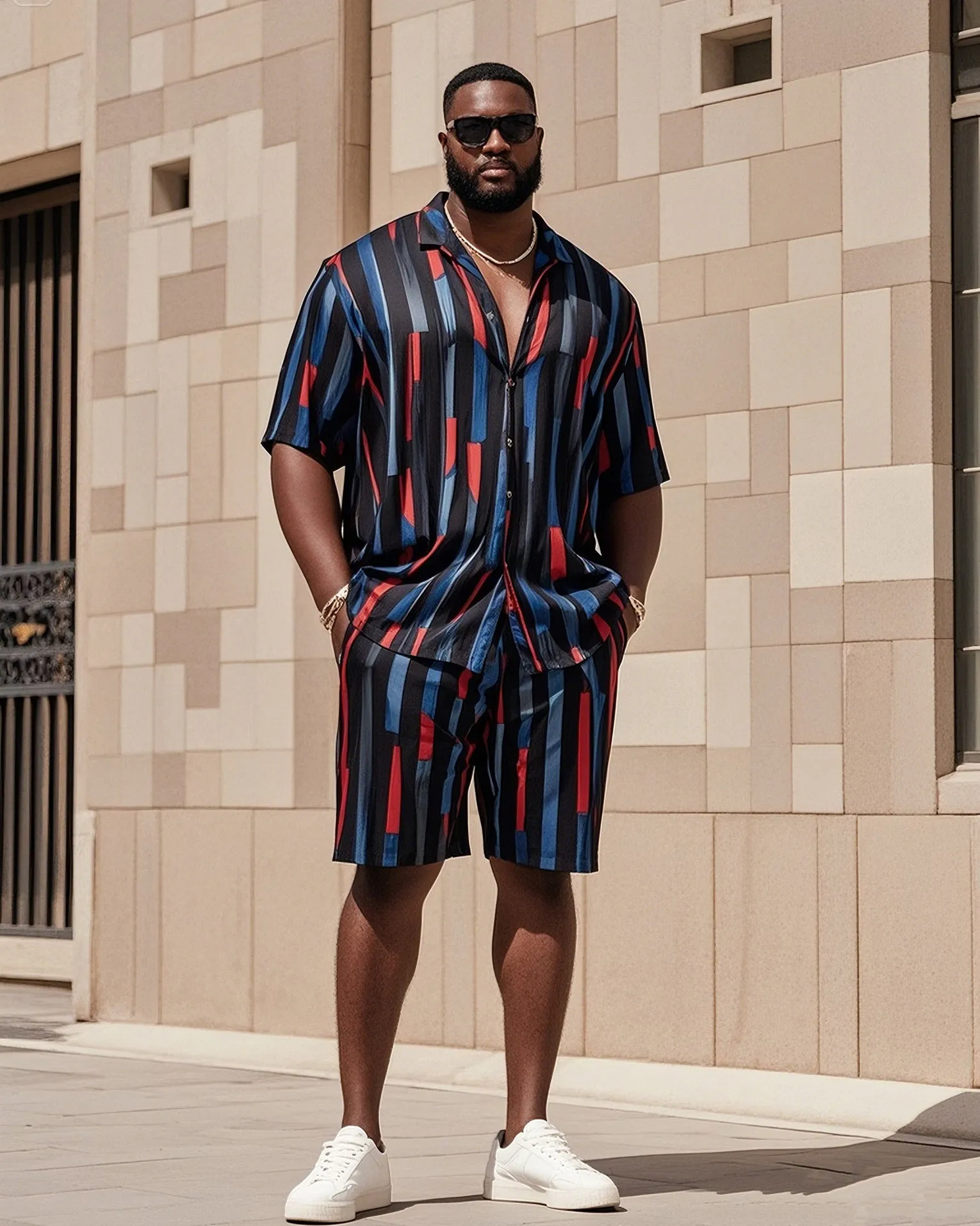 Big Men's-Hot Blue Red Black Striped Color Block Printed Short Sleeve Shirt Shorts Suit sold by Biggmans