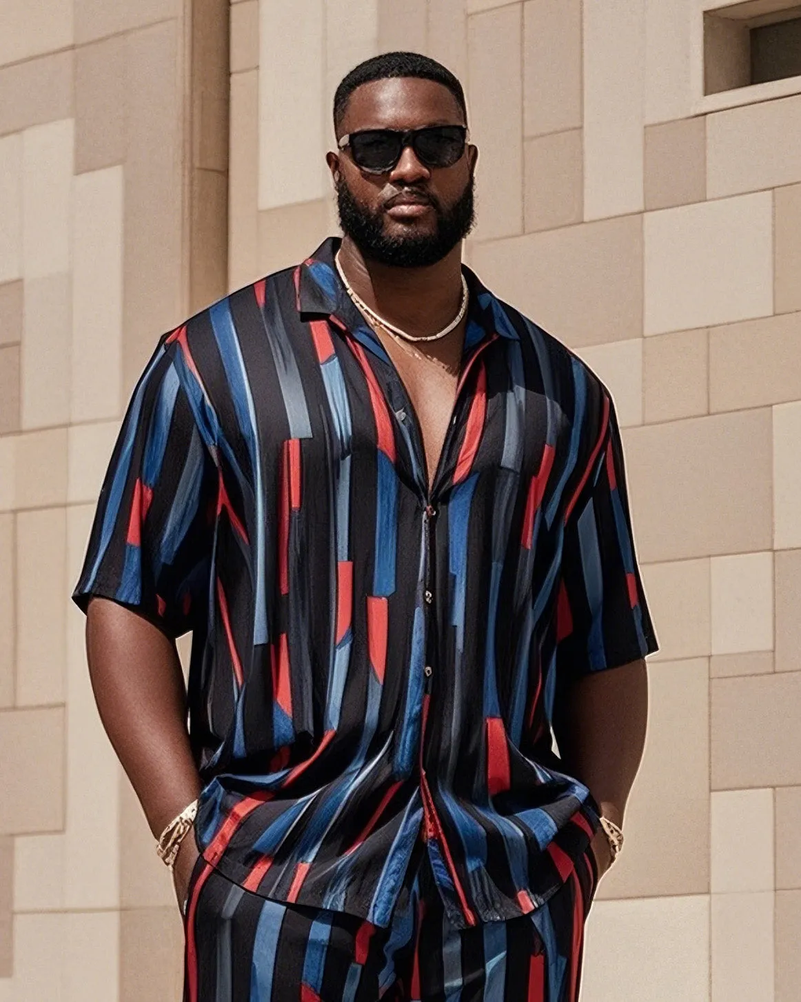Big Men's-Hot Blue Red Black Striped Color Block Printed Short Sleeve Shirt Shorts Suit sold by Biggmans product image thumbnail 2
