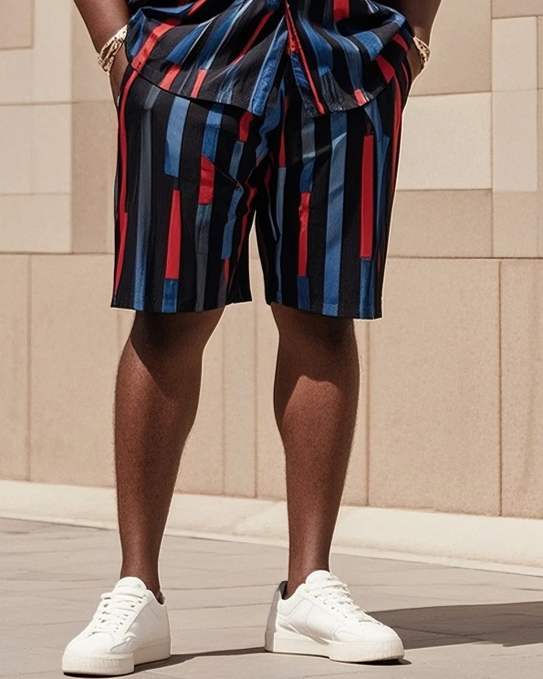 Big Men's-Hot Blue Red Black Striped Color Block Printed Short Sleeve Shirt Shorts Suit sold by Biggmans product image thumbnail 3