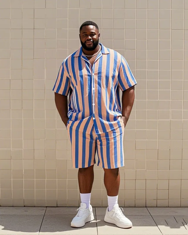 Big Men's-Hot Pink Blue Striped Color Block Printed Short Sleeve Shirt Shorts Suit sold by Biggmans