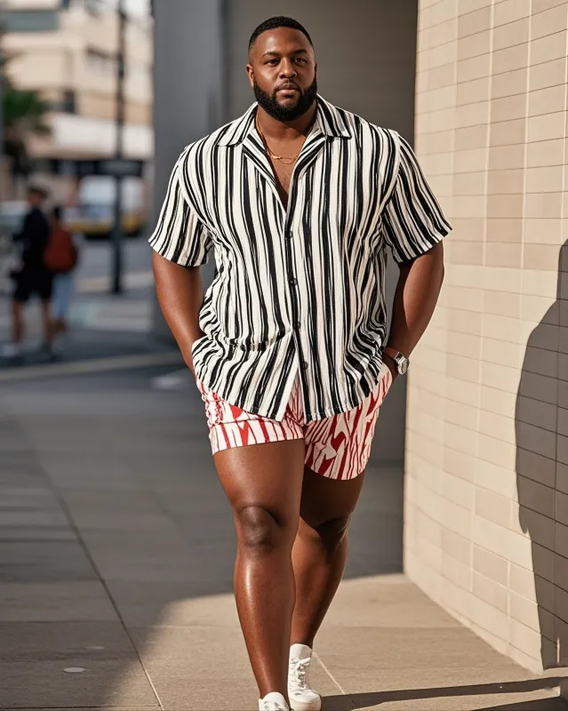 Big Men's-Hot Color Block Stripe Color Block Print Short Sleeve Shirt Shorts Suit sold by Biggmans
