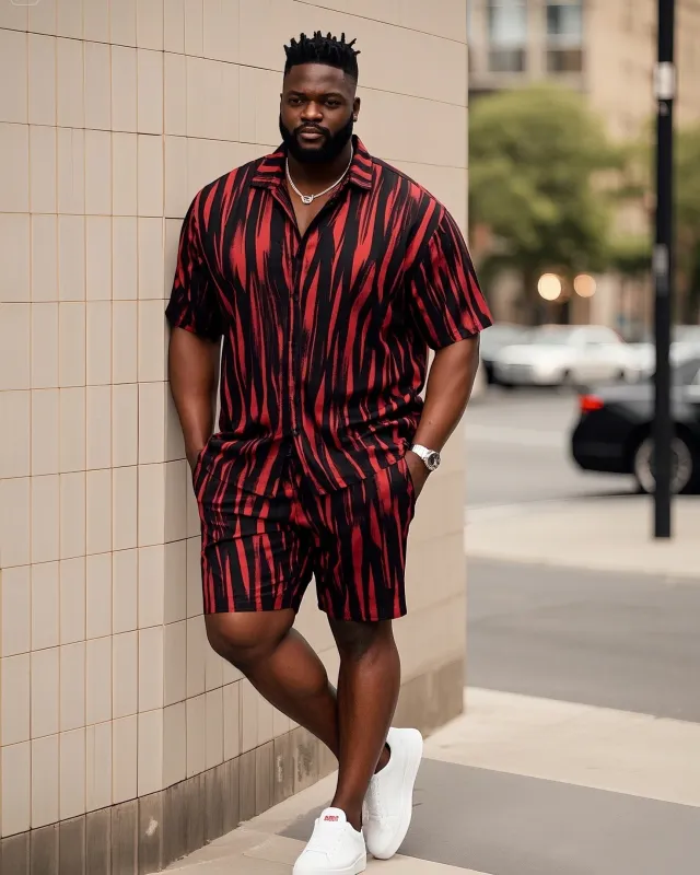 Big Men's-Retro Daily Casual Zebra Stripe Color Block Printed Short Sleeve Shirt Shorts Suit made by Biggmans