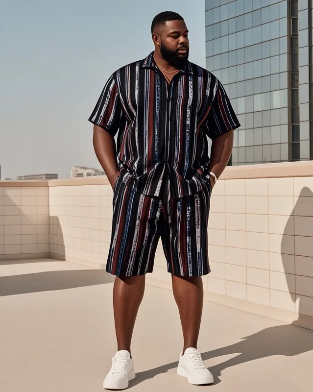 Big Men's-Retro Daily Casual Striped Color Block Printed Short Sleeve Shirt Shorts Suit sold by Biggmans