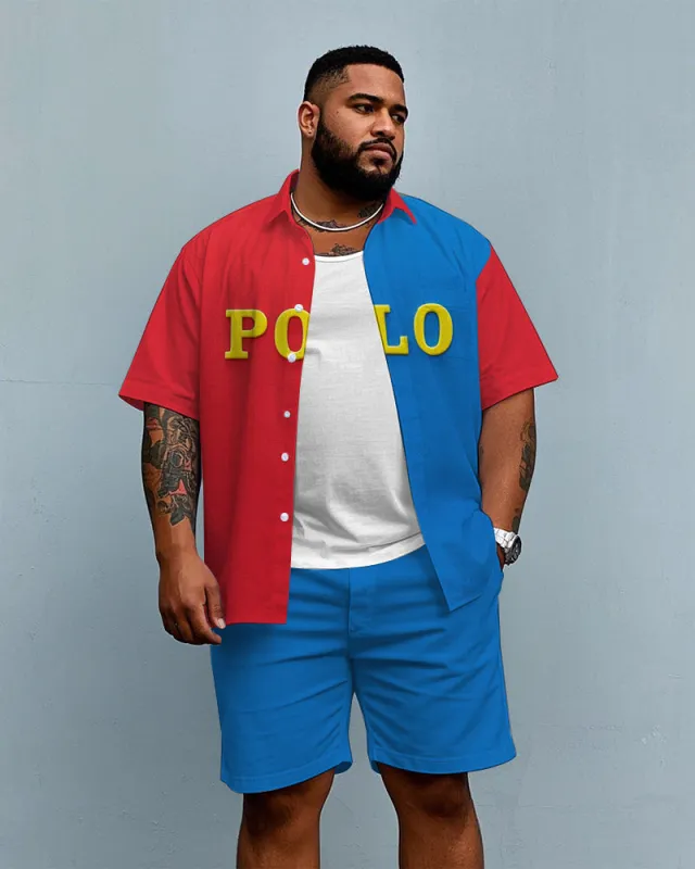 Big Guy's Modern Fashion POLO Letter & Red Color Block Printed Short Sleeve Shirt Shorts Set sold by Biggmans