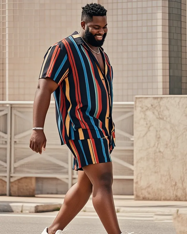 Big Man's Confident Daily Casual Multicolor Striped Color Block Printed Short Sleeve Shirt Shorts Suit sold by Biggmans