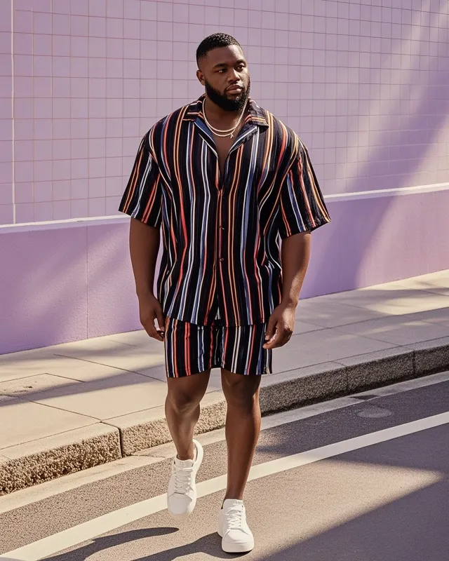 Big Man's Vintage Daily Casual Black And White Yellow Striped Color Block Printing Short Sleeve Shirt Shorts Suit sold by Biggmans