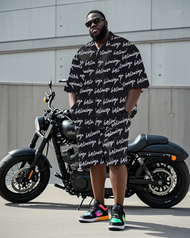 Big Man's Motorcycle Style Daily Casual English Color Block Printing Short Sleeve Shirt Shorts Suit sold by Biggmans