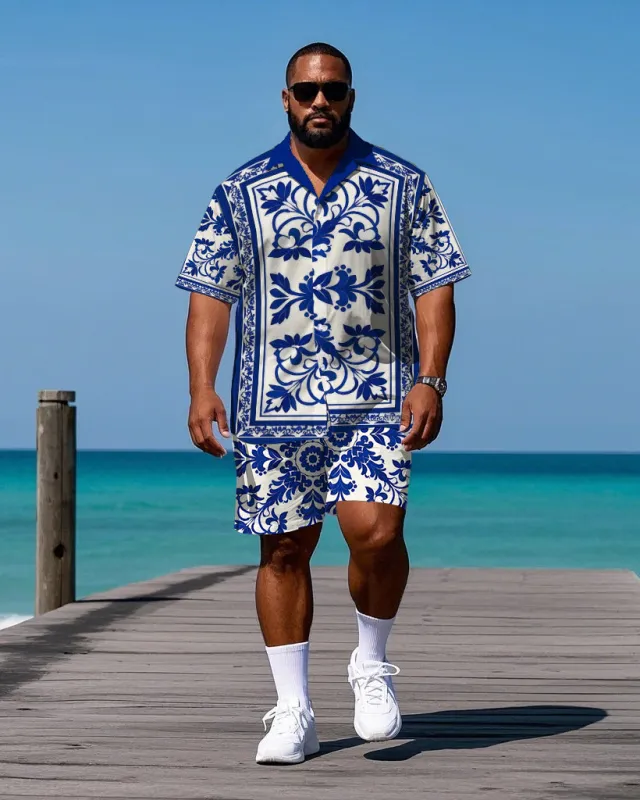 Big Men's Daily Casual Hawaii Theme Retro Floral Printed Outdoor Short Sleeve Shirt Shorts Set made by Biggmans