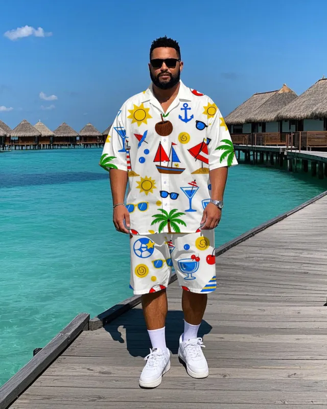 Men's Big & Tall Cartoon Hawaiian Theme Sailboat Printed Short Sleeve Shirt Shorts Set sold by Biggmans