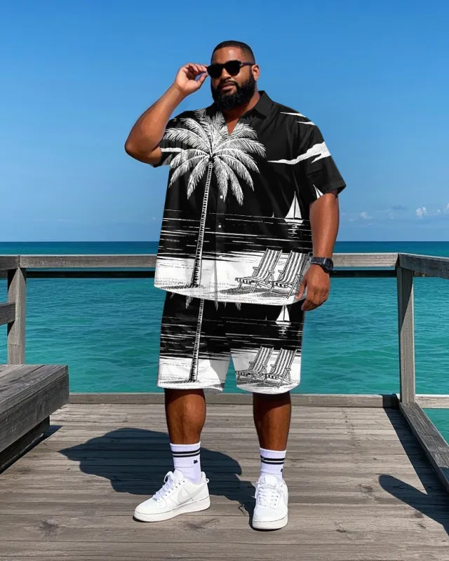 Big Men's Abstract Hawaiian Painting Coconut Trees Printed Daily Casual Short Sleeve Shirt Shorts Set sold by Biggmans