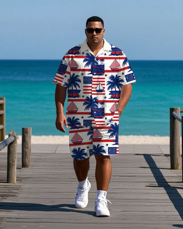 Big Men's Casual Flag Inspired Hawaii Coconut Trees & Sailboat Printed Short Sleeve Shirt Shorts Set sold by Biggmans