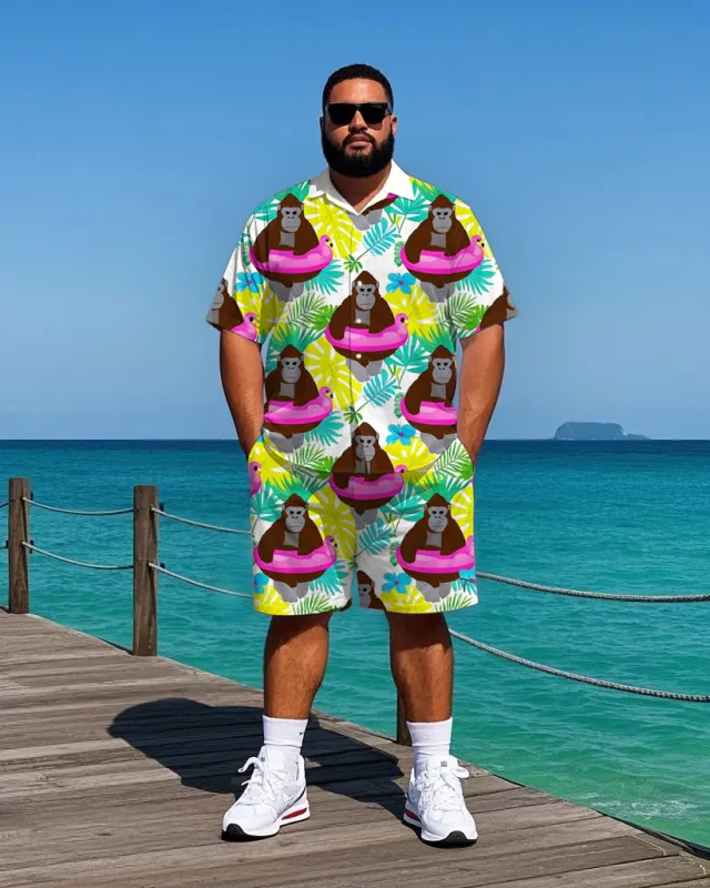 Big Men's Hawaiian Cartoon Chimpanzee in Swim Ring Printed Casual Short Sleeve Shirt Shorts Set sold by Biggmans