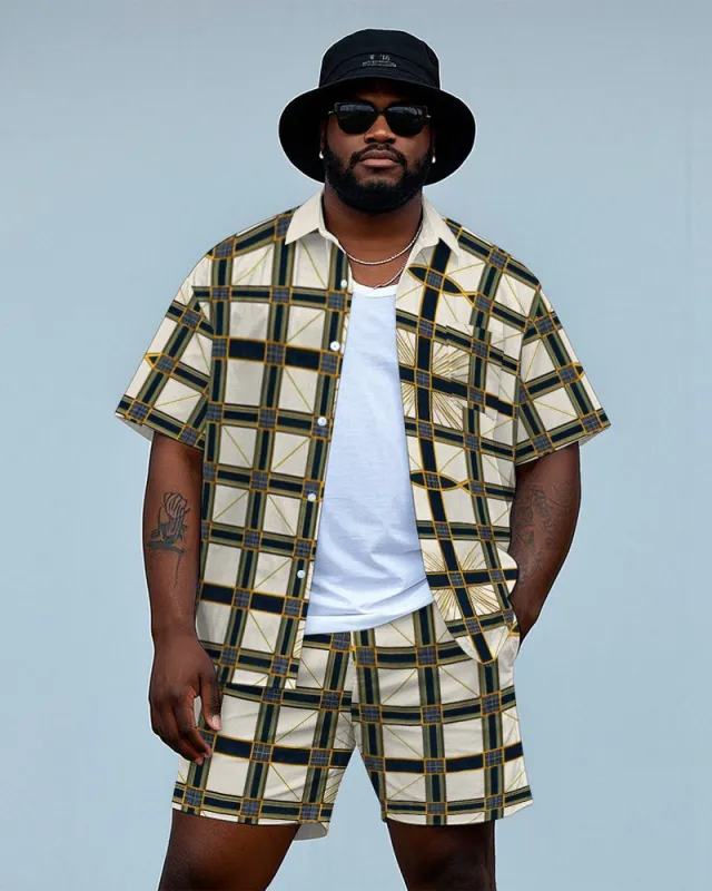 Big Men's Daily Casual Classic Metal Plaid Printed Short Sleeve Shirt and Shorts Set sold by Biggmans