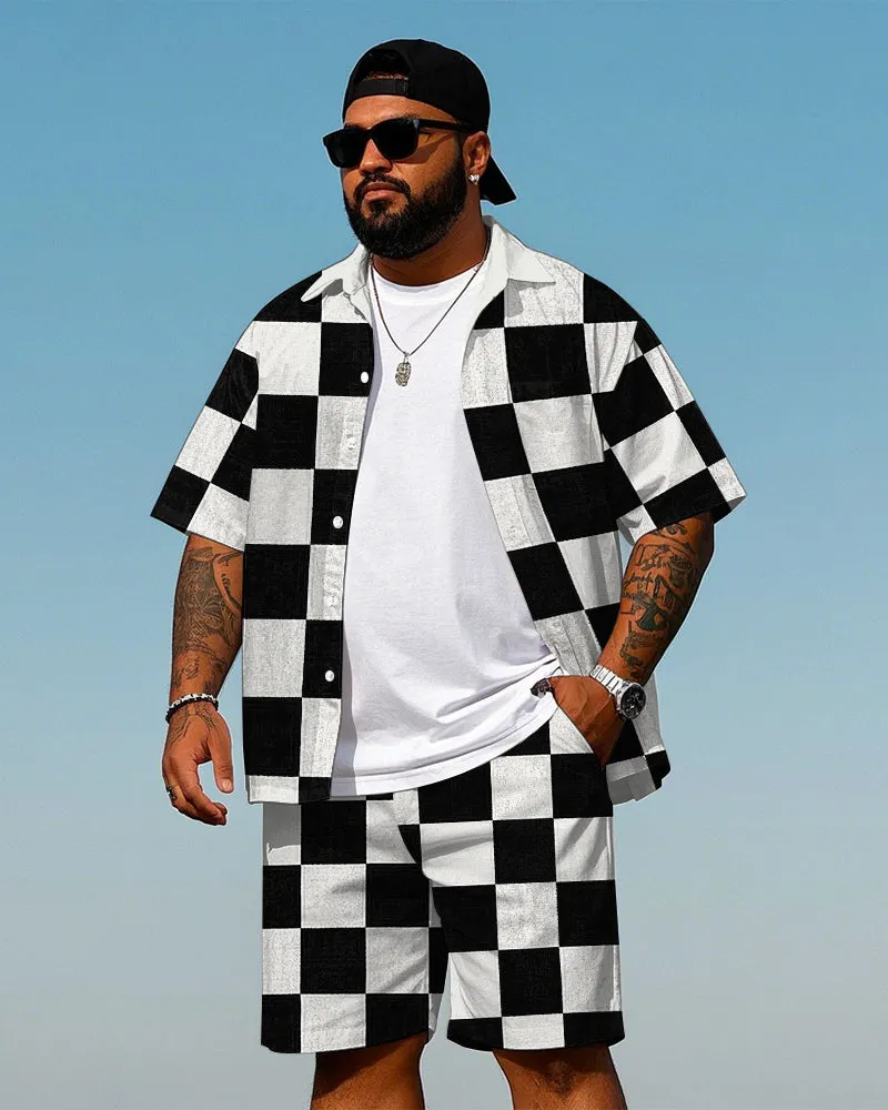 Big Men's Classic Black & White Plaid Printed Daily Casual Short Sleeve Shirt and Shorts Set sold by Biggmans