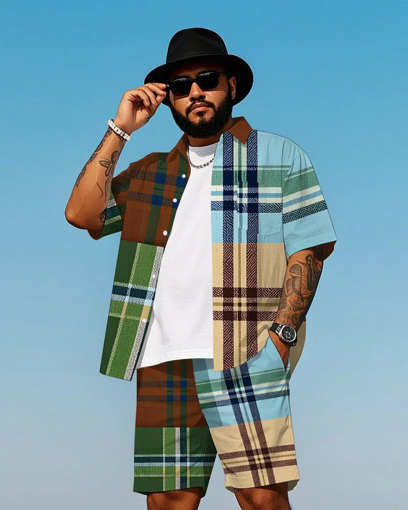 Big Men's Daily Casual Splicing Color Plaid Printed Short Sleeve Shirt and Shorts Set sold by Biggmans