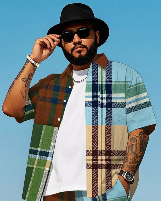 Big Men's Daily Casual Splicing Color Plaid Printed Short Sleeve Shirt and Shorts Set sold by Biggmans product image thumbnail 2