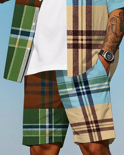 Big Men's Daily Casual Splicing Color Plaid Printed Short Sleeve Shirt and Shorts Set sold by Biggmans product image thumbnail 3