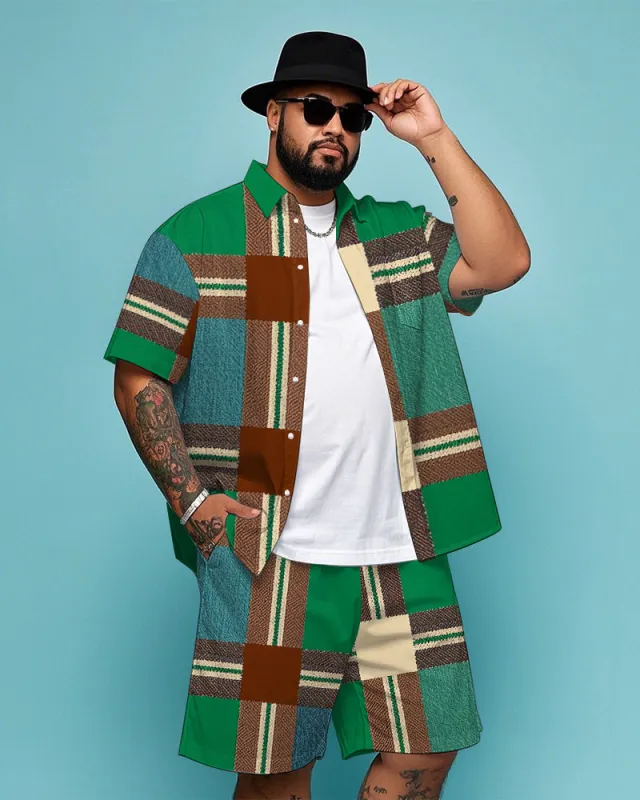 Men's Daily Casual Retro Green Plaid Printed Big Size Short Sleeve Shirt and Shorts Set sold by Biggmans