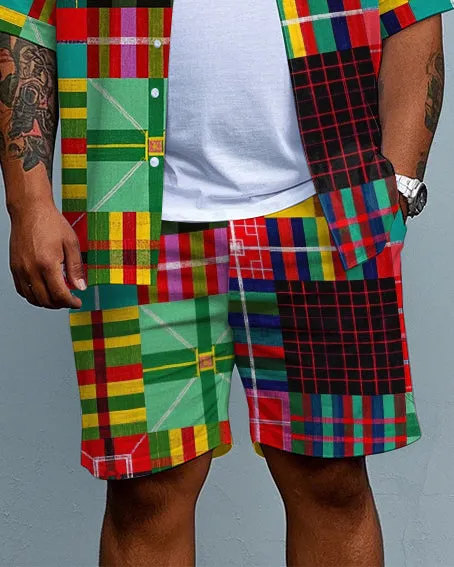Big Men's Street Fashion Colorful Plaid Splicing Style Pocket Short Sleeve Shirt and Shorts Set sold by Biggmans product image thumbnail 3
