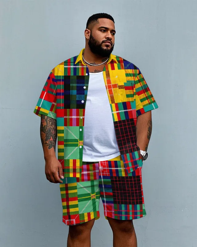 Big Men's Street Fashion Colorful Plaid Splicing Style Pocket Short Sleeve Shirt and Shorts Set sold by Biggmans