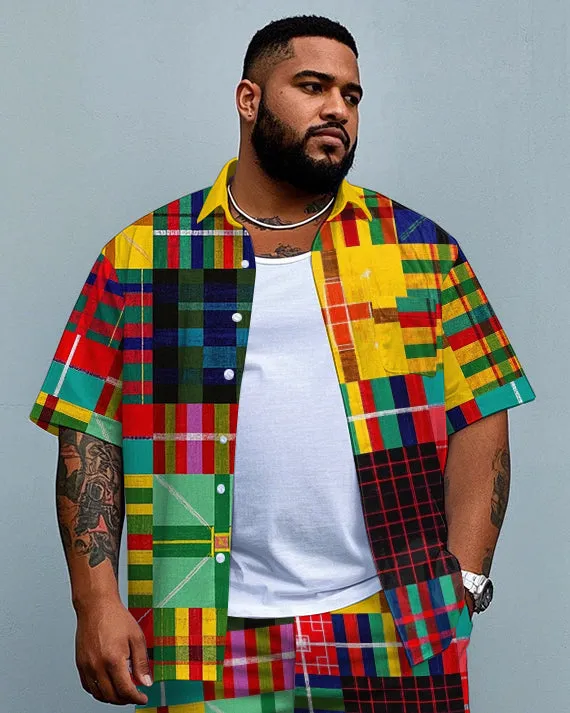 Big Men's Street Fashion Colorful Plaid Splicing Style Pocket Short Sleeve Shirt and Shorts Set sold by Biggmans product image thumbnail 2