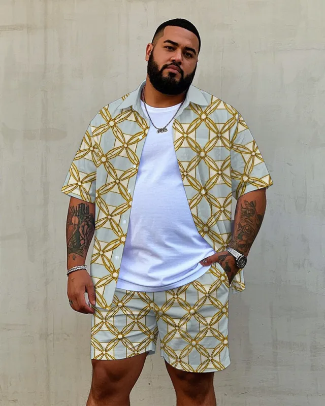 Big Men's Vintage Golden Geometric Regular Printed Pocket Casual Short Sleeve Shirt and Shorts Set sold by Biggmans