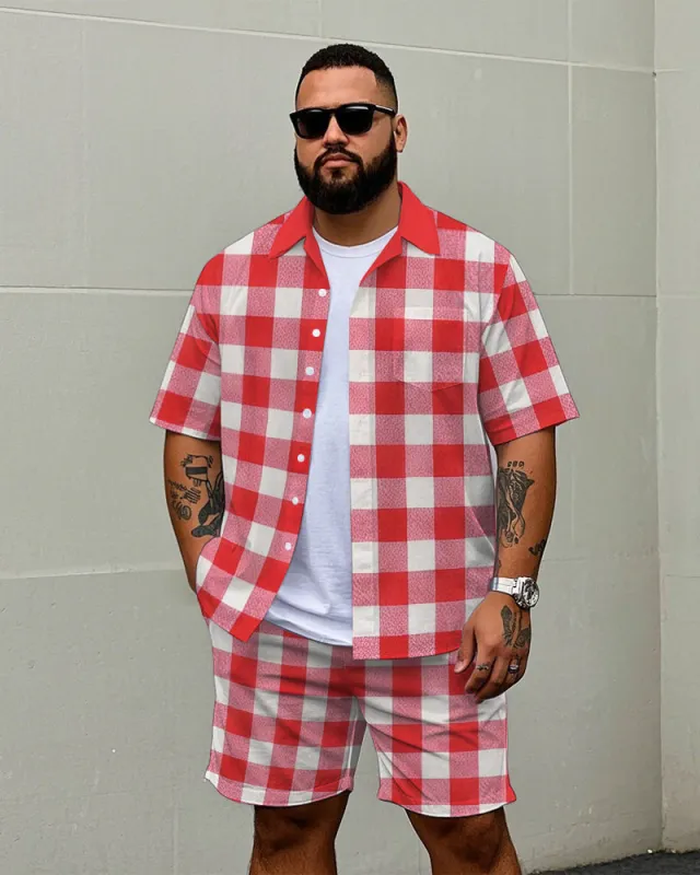 Big Men's Casual Simple Regular Red Plaid Style Short Sleeve Shirt and Shorts Set sold by Biggmans