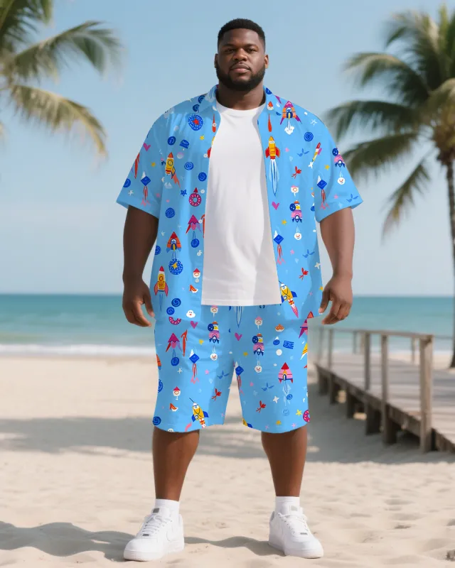 Big & Tall Men's Cute Rocket Cartoon Hawaiian Theme Short Sleeve Shirt Shorts 2-Piece Set sold by Biggmans