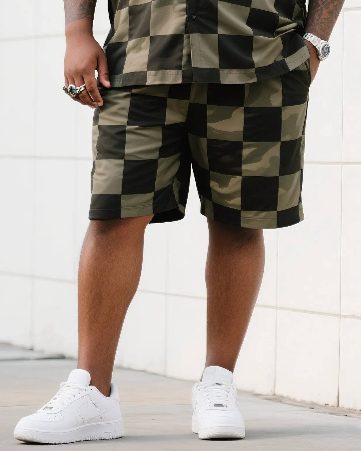 Big Men's Daily Casual Checkerboard Square Short Sleeve Shirt Shorts Suit sold by Biggmans product image thumbnail 3