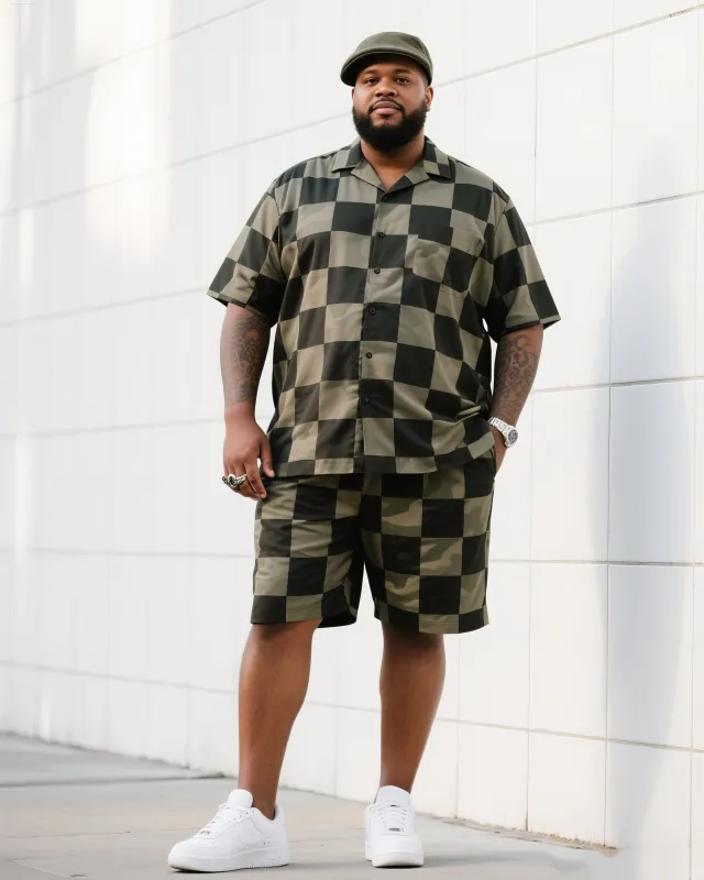 Big Men's Daily Casual Checkerboard Square Short Sleeve Shirt Shorts Suit sold by Biggmans