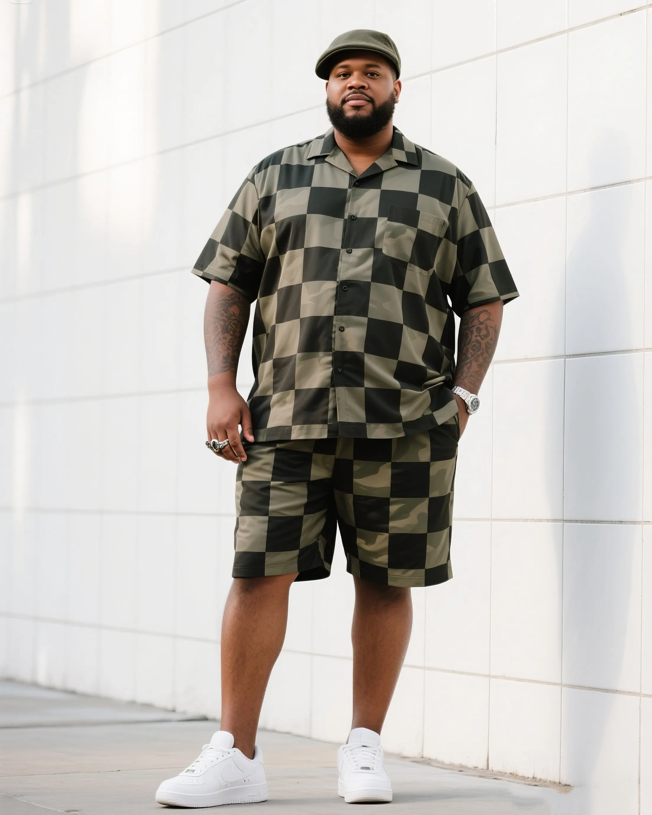 Big Men's Daily Casual Checkerboard Square Short Sleeve Shirt Shorts Suit sold by Biggmans