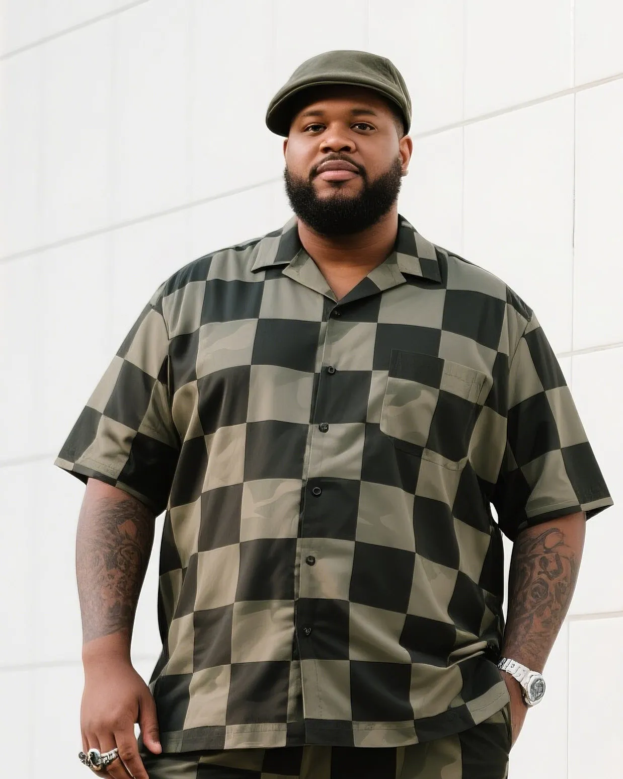 Big Men's Daily Casual Checkerboard Square Short Sleeve Shirt Shorts Suit sold by Biggmans product image thumbnail 2