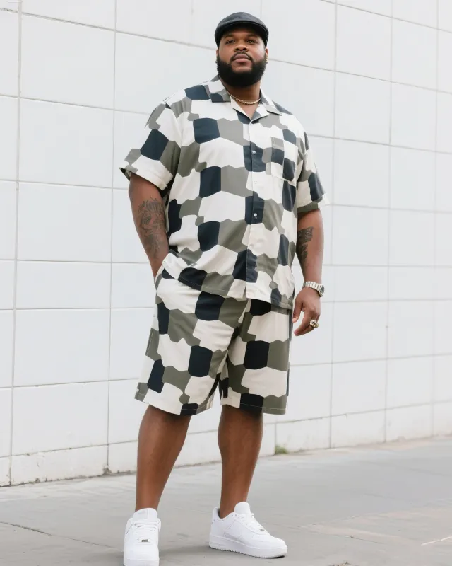 Big Man's Daily Casual Board Square Puzzle Short Sleeve Shirt Shorts Suit sold by Biggmans