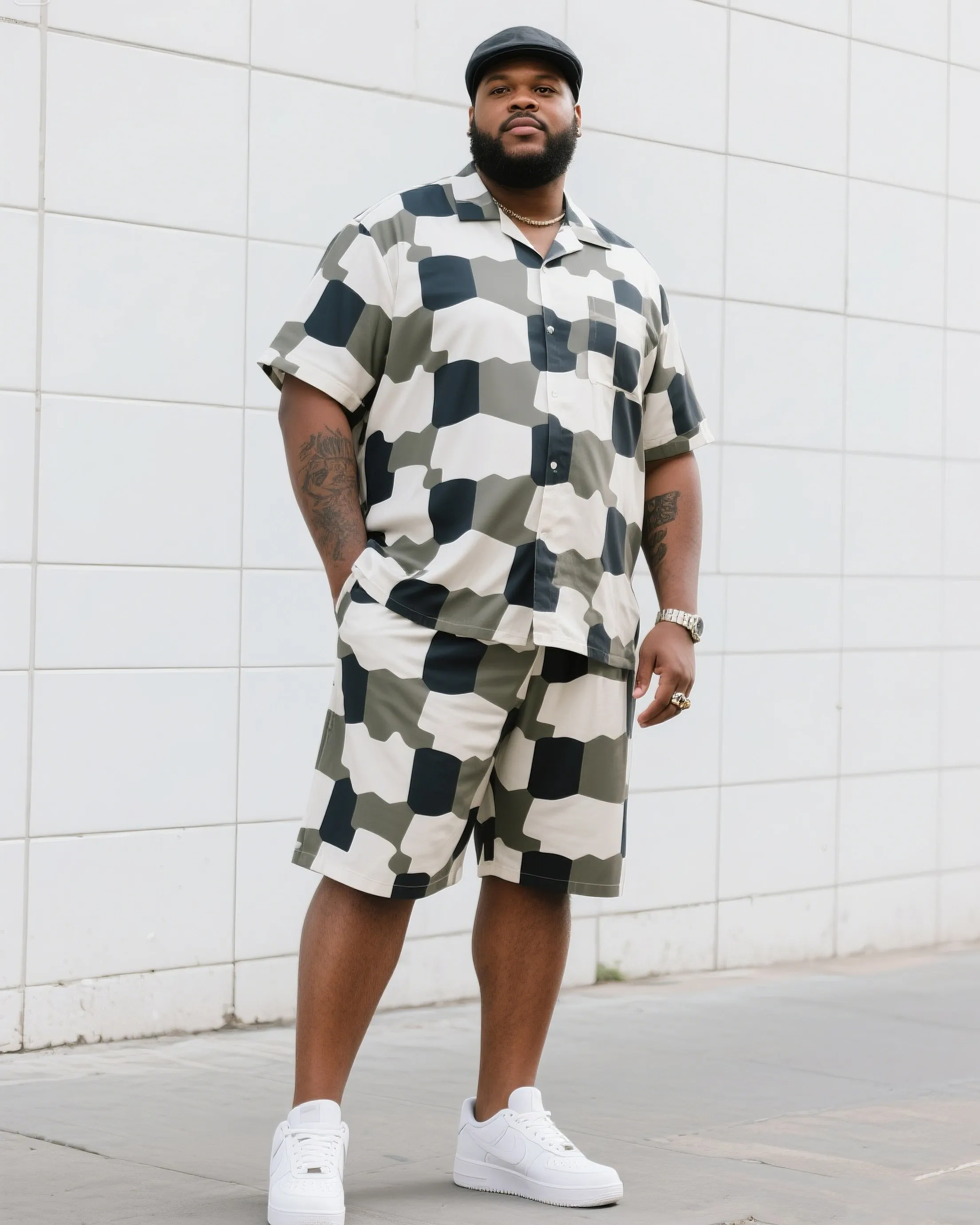 Big Man's Daily Casual Board Square Puzzle Short Sleeve Shirt Shorts Suit sold by Biggmans