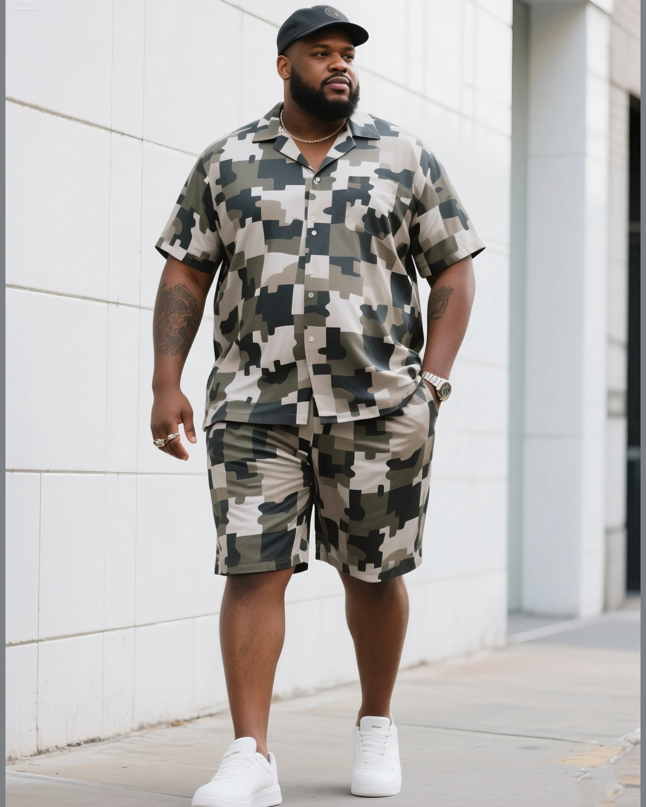 Big Man's Daily Casual Square Creative Camouflage Short Sleeve Shirt Shorts Suit sold by Biggmans