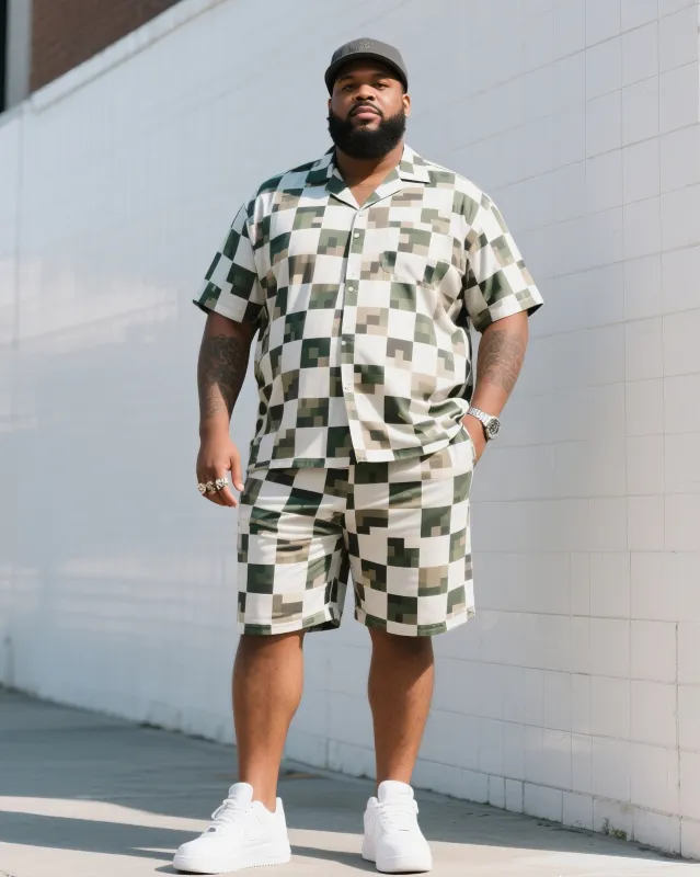 Big Man's Daily Leisure Outdoor Activities Square Puzzle Creative Camouflage Short Sleeve Shirt Shorts Suit sold by Biggmans