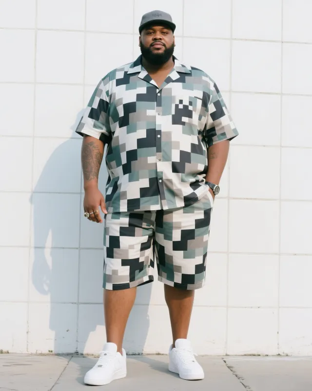Big Man's Daily Leisure Outdoor Activities Square Puzzle Creative Camouflage Short Sleeve Shirt Shorts Suit sold by Biggmans
