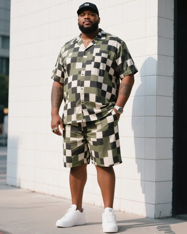 Big Man's Daily Leisure Outdoor Activities High Sense Creative Checkered Camouflage Short Sleeve Shirt Shorts Suit sold by Biggmans